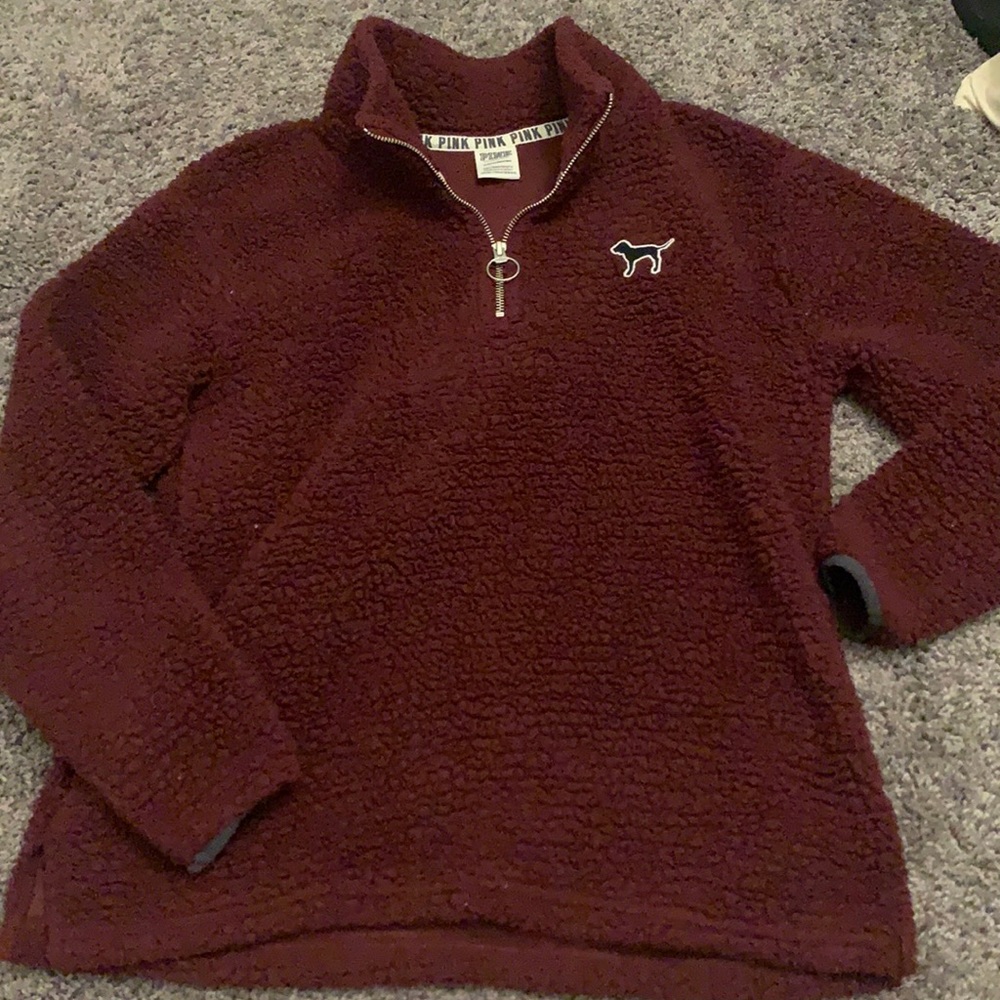 PINK Maroon Quarter-Zip Sherpa Pullover